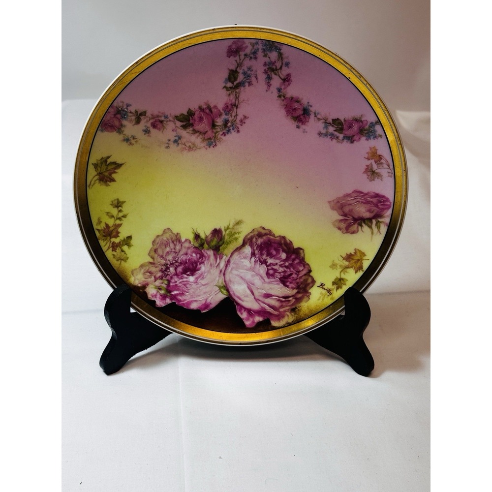 Theodore Haviland Limoge Plate Hand‎ Painted Rose Signed Berton Gold Trim 85/8"